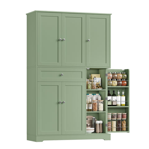 Homfa Kitchen Pantry Storage Cabinet, 68" Food Pantry Cabinet with Drawer and Door Shelf, 6 Door Freestanding Cupboard Buffet for Dining Room, Green