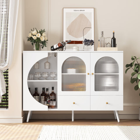 Homfa Bar Cabinet with Glass Cup Holders, Modern Sideboard with 2 Drawers for Living Kitchen Entryway, White