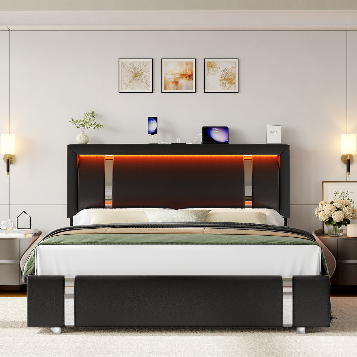 Homfa Full Bed Frame with LED Headboard & Charge Station & 2 Storage D ...