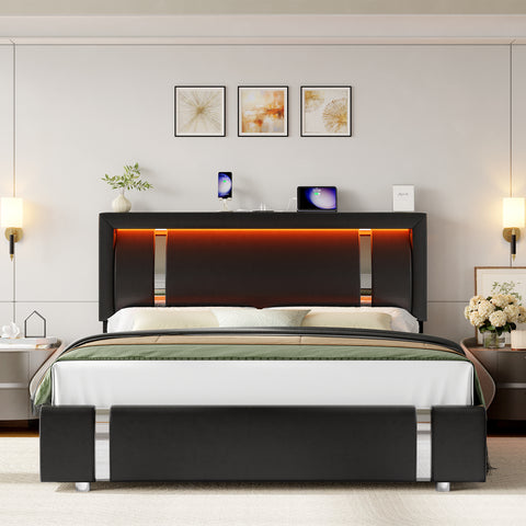 Homfa Full Bed Frame with LED Headboard & Charge Station & 2 Storage Drawers, Black
