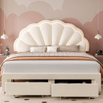 Homfa Queen Size LED Bed Frame with Drawer, Velvet Upholstered Platform Bed with Adjustable Petal Headboard for Kid, Beige