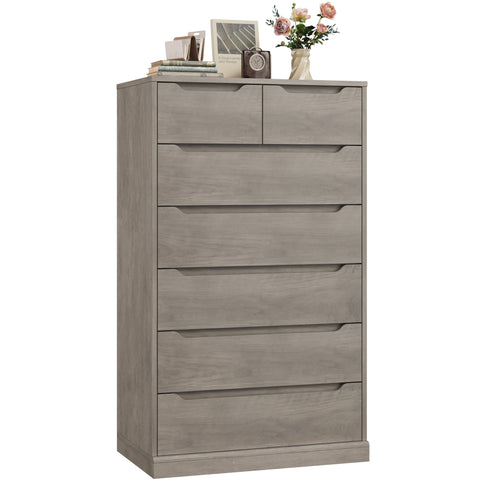 Homfa Vertical 7 Drawer Dresser, 51.3 in Tall Wood Storage Cabinet with Upgraded Stable Base for Bedroom Living Room, Wash Gray