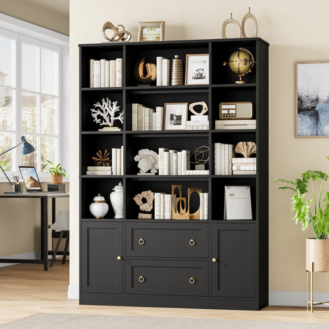 Homfa 71¡å Tall Bookcases with Doors, 12 Cubes 4-Tier Double Row Bookshelf, Black Bookcase for Living Room Home Office