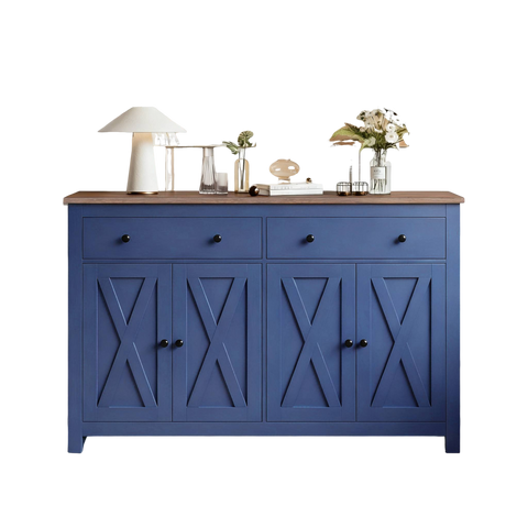 Homfa 55.1W'' 4-Doors 2-Drawers Farmhouse Storage Cabinet, Wood Sideboard with Adjustable Shelves for Kitchen Dining Room, Blue