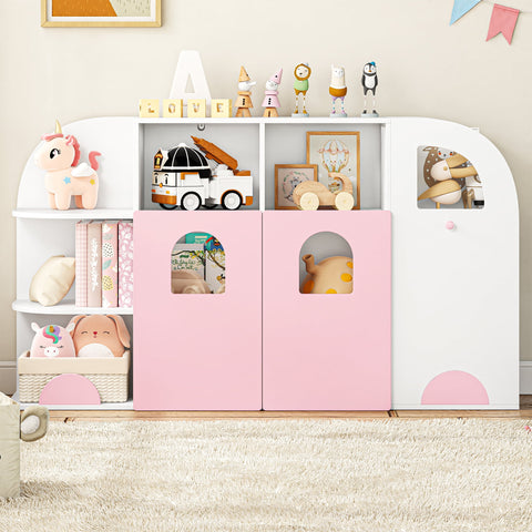 Homfa Multifunctional Kids Bookcase with Door, 6 Shelves & Toy Storage Cube, White and Pink