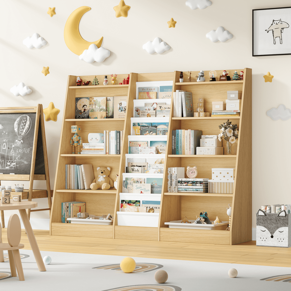 Homfa Triple Width Bookcase, Storage Bookshelf with 8 Canvas Sleeves ...