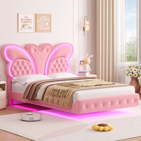 Homfa Full Size Floating LED Bed with Butterfly Headboard,Velvet Button Tufted Upholstered Platform Bed Frame, Beige