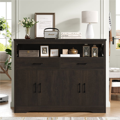 Homfa 4 Door Storage Cabinet with 2 Drawer, Console Table with Adjustable Shelf and Hutch for Living Room, Brown