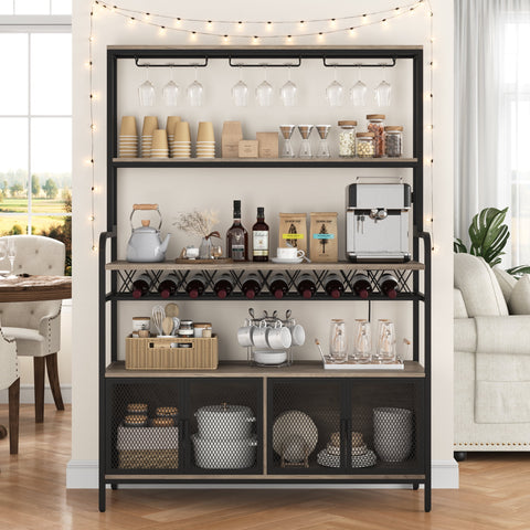 Homfa Wine Bar Cabinet with Power Outlet, Kitchen Microwave Stand Coffee Bar with Storage Shelf, Sideboard with Metal Grid Wine Rack,Wash Gray