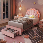 Homfa Twin Size LED Bed Frame with Drawer, Velvet Upholstered Platform Bed with Adjustable Petal Headboard for Kid, Pink