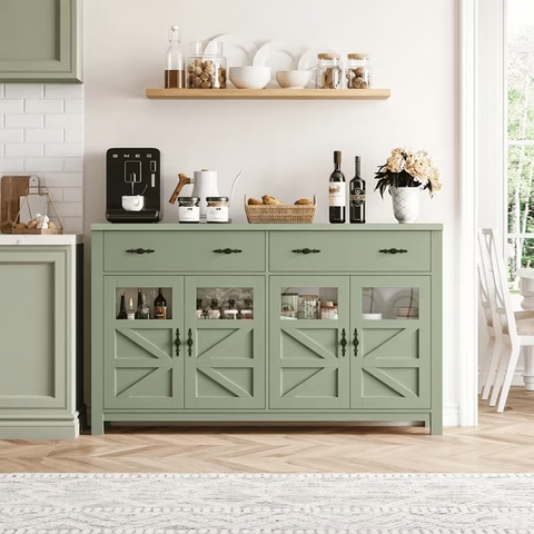 Homfa Farmhouse 55.1"W Kitchen Buffet Cabinet with Storage Drawer & Adjustable Shelf, Glass Door Wood Sideboard Credenza Coffee Bar with for Dining Room Living Room, Green