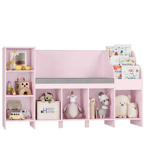 Homfa Kids Bookshelf with Reading & Seat Nook, 7 Cube Wooden Child Toy Organizer with Adjustable Shelf, 31.5'' H x 54.5'' W, Pink