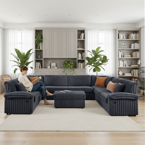 Homfa U-Shaped Corduroy Modular Sectional Sofa with Ottoman, 8-Seater Chaise Lounge with USB Charging Ports & 2 Throw Pillows, Dark Grey