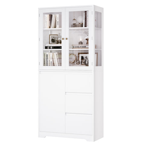 Homfa Modern Glass Door Display Bookshelf with Adjustable Shelf, Freestanding Pantry Storage Cabinet with 3 Drawer for Living Room Kitchen Office, White