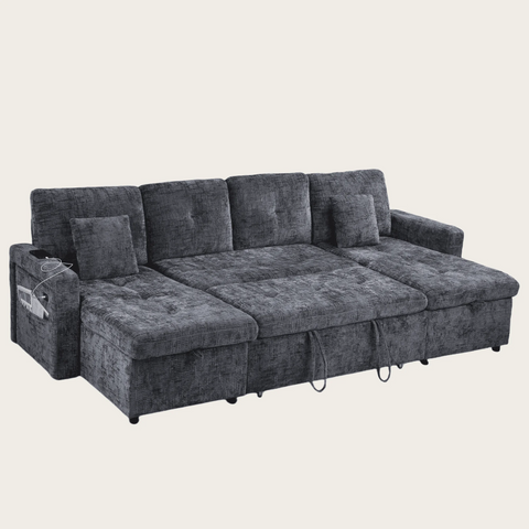 Homfa Sleeper Sofa Bed with Adjustable Headrest & USB Charging Port, Velvet Fabric U-Shaped 6-Seat Sofa with Storage Chaise Couch for Living Room, Gray