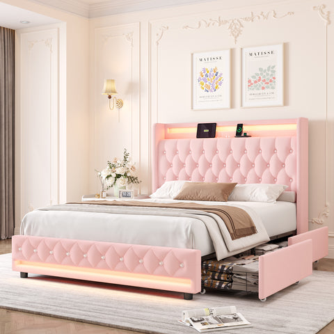 Homfa Queen Size LED Bed Frame with 4 Storage Drawers & Charge Station, Modern Wingback Upholstered Platform Bed Frame, Pink Velvet