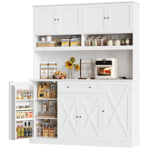 Homfa 72.8'' Tall Kitchen Pantry Cabinet with LED Lights & Charging Station, 8 Doors Storage Cabinet with Drawers & Shelves & Countertop, Kitchen Hutch with Adjustable Shelves for Dining Room, White