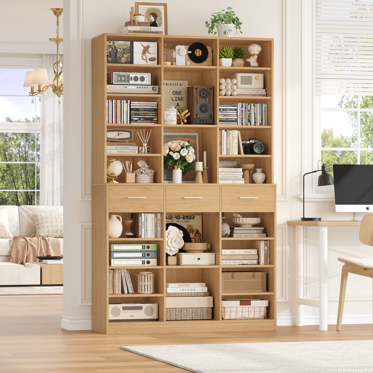Homfa 75'' Tall Bookcase with Adjustable Shelves, 3 Drawers Display Bo ...