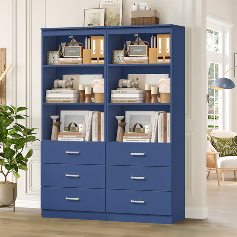 Homfa 2 Set of Blue Bookcases, 71" Tall Bookcase with 3 Drawers, 3 Tier Wooden Bookshelf for Living Room Home Office