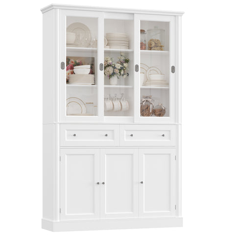 Homfa 73" Kitchen Pantry with Sliding Glass Doors, 2 Drawers Freestanding Cupboard Buffet for Dining Room, White
