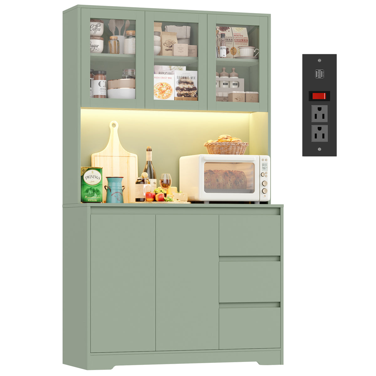 Homfa 70.9'' Kitchen Pantry Cabinet with Charging Station and LED Ligh ...