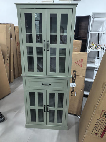 Homfa 71'' Kitchen Pantry with Adjustable Shelves & Drawer, Freestanding Storage Cabinet with 4 Glass Door for Living Room, Green