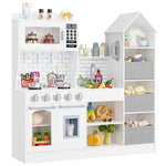 Homfa Wooden Pretend Play Kitchen with Drawers, Kids Toy Set w/Realistic Design, Telephone, Utensils, Oven, Microwave, Sink - White