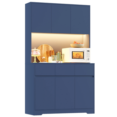 Homfa 70.9'' Tall Kitchen Pantry Cabinet with Charge Station & Led Light, 3 Drawer Storage Cabinet with Adjustable Shelves, Blue