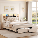 Homfa Queen Size Velvet Upholstered Bed with Bookcase Headboard, 2 Drawers Platform Bed Frame with Charging Station & LED Lights, Beige