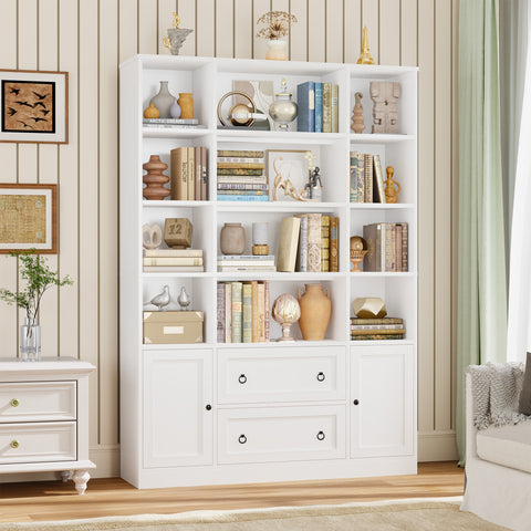 Homfa 71¡å Tall Bookcases with Storage Drawers & Doors, 12 Cubes 4-Tier Triple Row Bookshelf, White Bookcase for Living Room Home Office