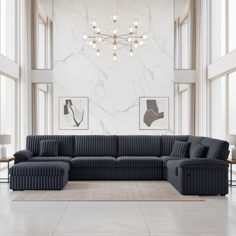 Homfa 3 Seater Sofa Couches with Ottoman Chaise, Comfy Corduroy Sofa with USB Port & Pillows for Living Room, Dark Gray