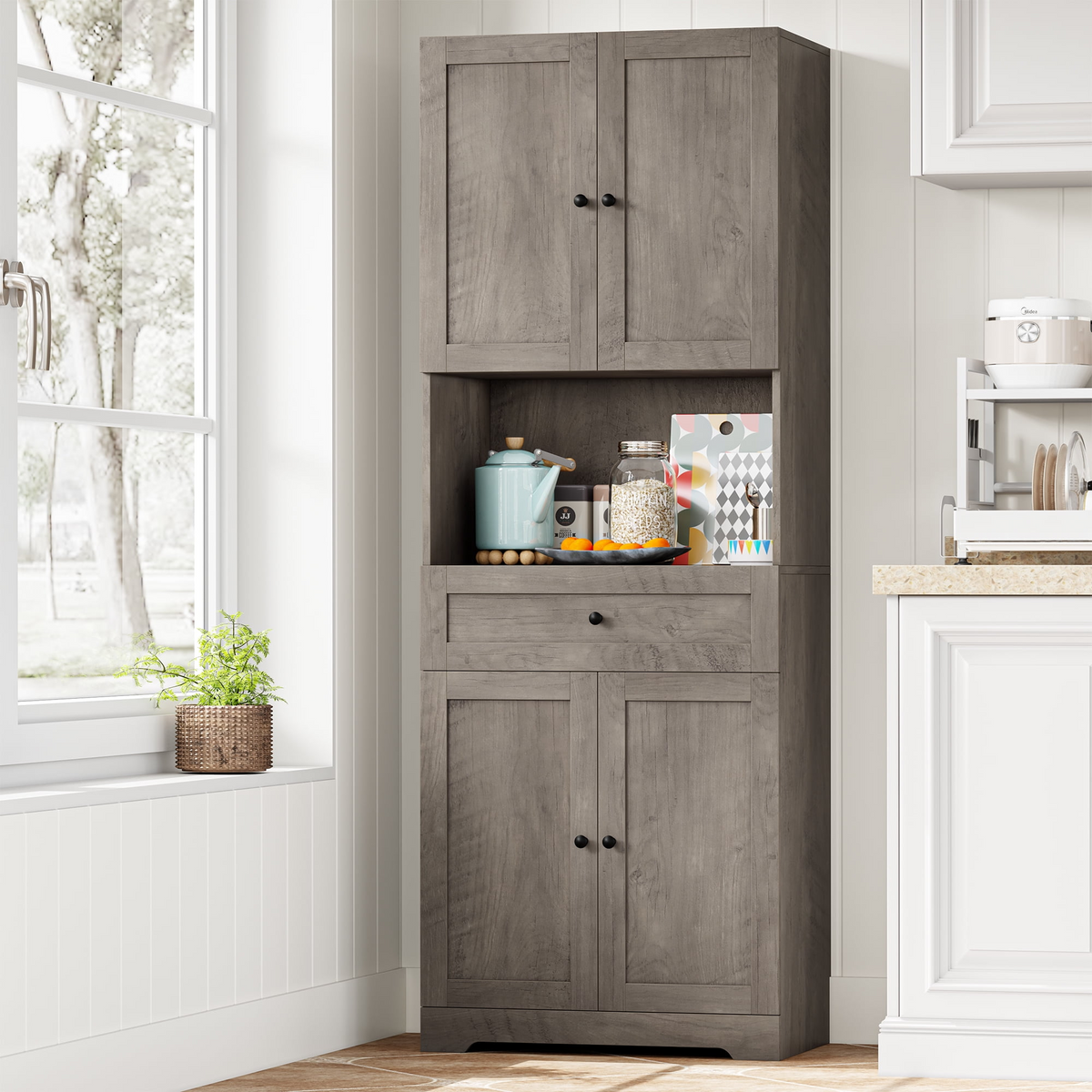 Homfa 67.5'' Tall Kitchen Pantry with Microwave Shelf, Large Storage D ...