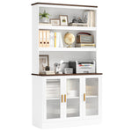 Homfa 73" Tall 3-tier Bookcase, 2 Cabinets with Glass Doors, Counter Top with Cable Holes for Home Office Kitchen, White Oak