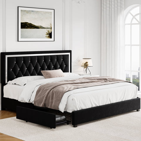 Homfa Full Size Storage Bed with 4 Drawers, Crystal Buckle Upholstered Platform Bed Frame with Adjustable Headboard for Bedroom, Black