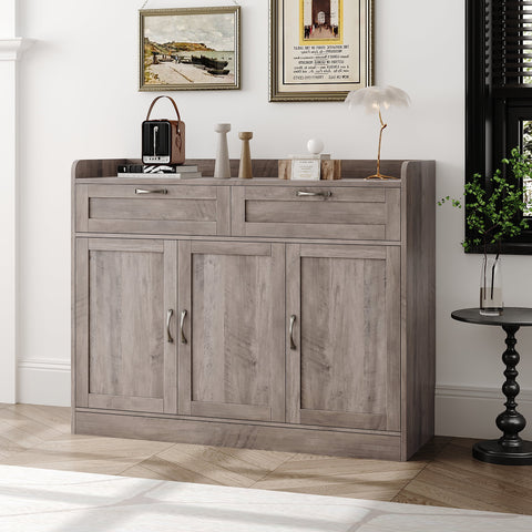 Homfa 2 Drawers Sideboard Buffet Cabinet, Wood Storage Cabinet with Adjustable Shelves for Dining Room, Gray
