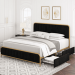 Homfa King Size Bed Frame with 4 Drawers, Round Metal Tube Platform Bed with Tufted Upholstered Headboard, Gold and Black