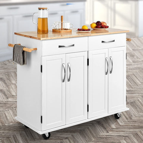 Homfa Kitchen Island on Wheels with Storage, Rolling Kitchen Island Cart with Lockable Casters, Handle Towel Rack and Drawers, 48.2" L x 18.5" W x 35.4" H, White