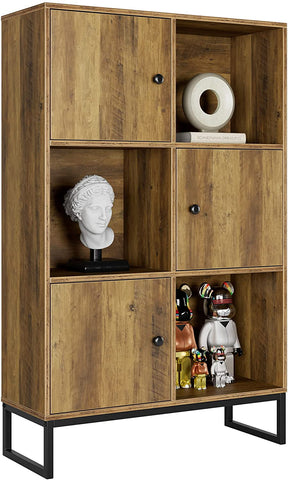 Homfa 6 Compartment Bookcase, Metal Frame Base Display Bookshelf with Doors, Rustic Brown