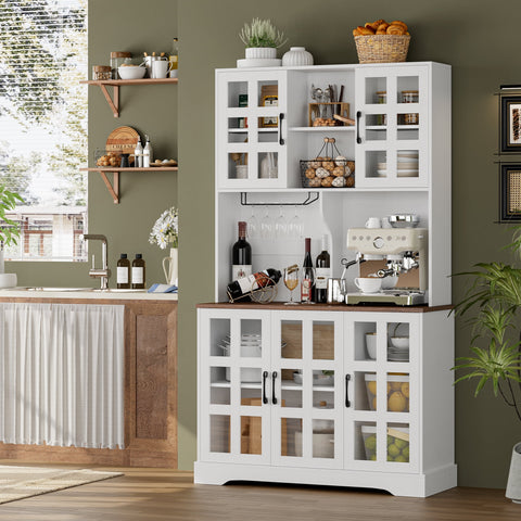 Homfa 70.9'' Glass Door Pantry Cabinet Hutch, Kitchen Wood Storage Cabinet with Adjustable Shelves and Wine Holder, White