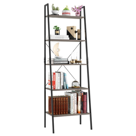 Homfa 5 Tier Industrial Ladder Bookshelf, Metal Framed Storage Shelf for Office Living Room, Gray Finish