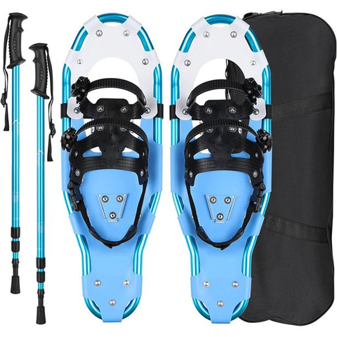 Homfa 3-in-1 Blue Aluminum Frame Snowshoe Set with Adjustable Hiking Poles and Carry Bag, Easy to Wear, Size 25"