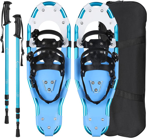 Homfa 3-in-1 Blue Aluminum Frame Snowshoe Set with Adjustable Hiking Poles and Carry Bag, Easy to Wear, Size 25"