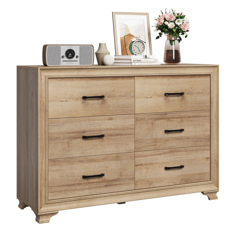 Homfa 6 Drawer Double Dresser, 47.2'' Wide Chest of Drawers, Wooden Farmhouse Storage Cabinet for Living Room, Oak