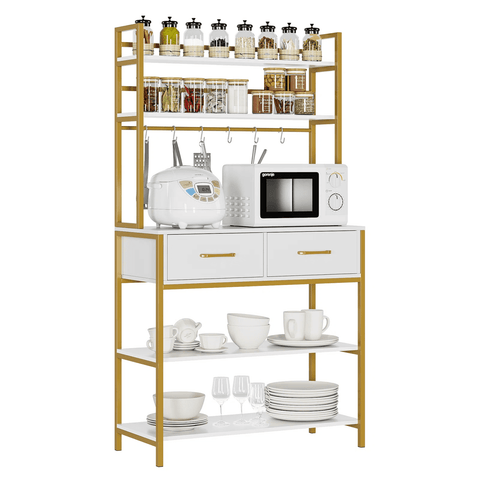 Homfa 5-Tier Bakers Rack with Drawers, Industrial Microwave Oven Stand Kitchen Storage Shelf, Gold and White