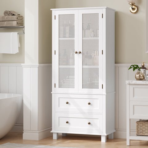 Homfa Bathroom Cabinet with Rattan Doors, Rattan Linen Storage Cabinet with 2 Drawers, White