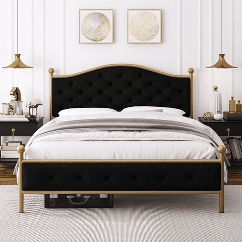 Homfa Queen Size Bed Frame, Metal Tubular Platform Bed with Button Tufted Upholstered Headboard, No Box Spring Needed, Easy Assembly, Black