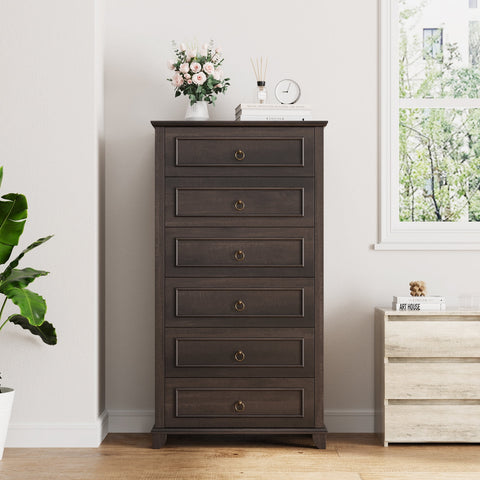 Homfa 6 Drawer Dresser, 52" Tall Chest of Drawers, Storage Cabinet for Living Room, Dark Brown