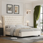 Homfa Queen Size Bed Frame, Modern Velvet Tufted Upholstered Platform Bed with Rivet Rolled Edge High Wingback Headboard, White