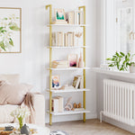 Homfa Wall Mounted Iron Bookcase, 5 Tiers Ladder Shelves with Gold Frame, White Finish