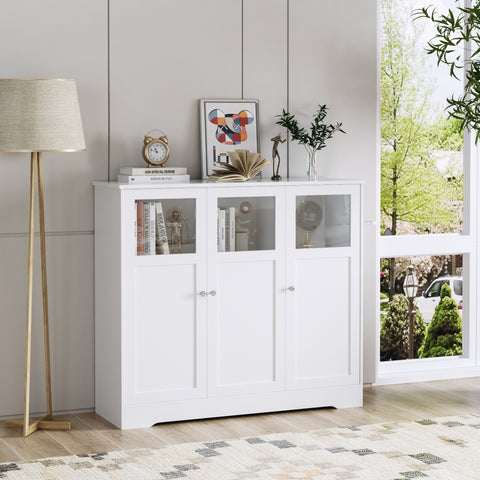 Homfa White Accent Cabinet, 37.4'' Tall Storage Sideboard Cabinet with 3 Glass Doors